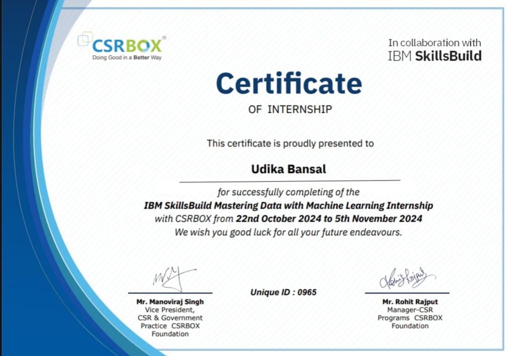 Internship certificate on Machine Learning
