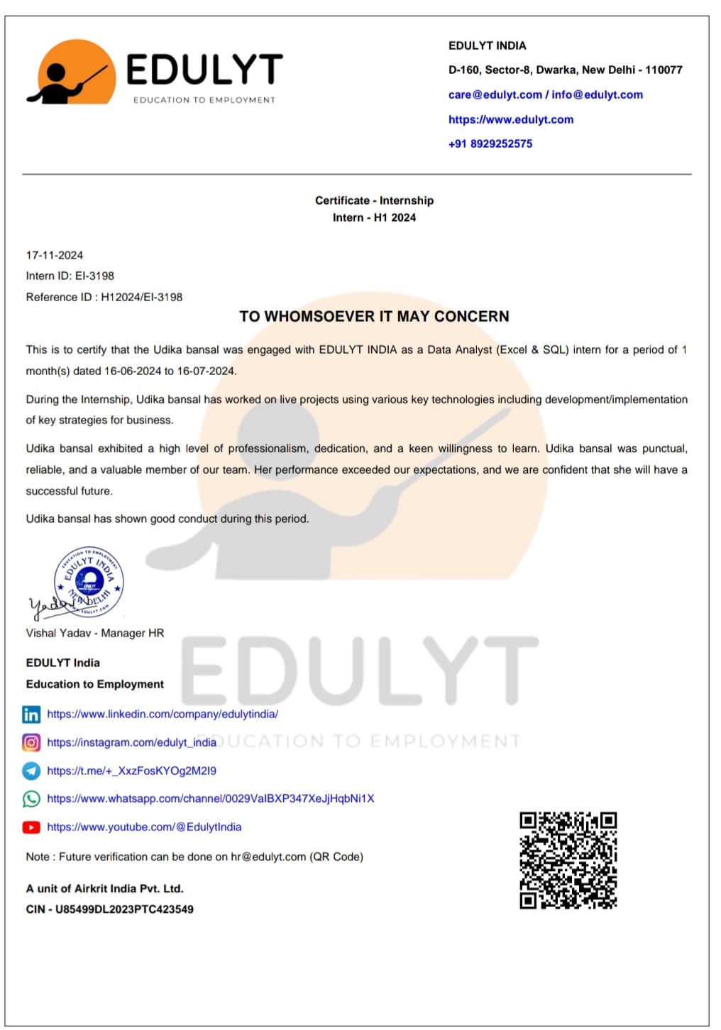 Internship certificate on Data Analysis(Excel & SQL)
