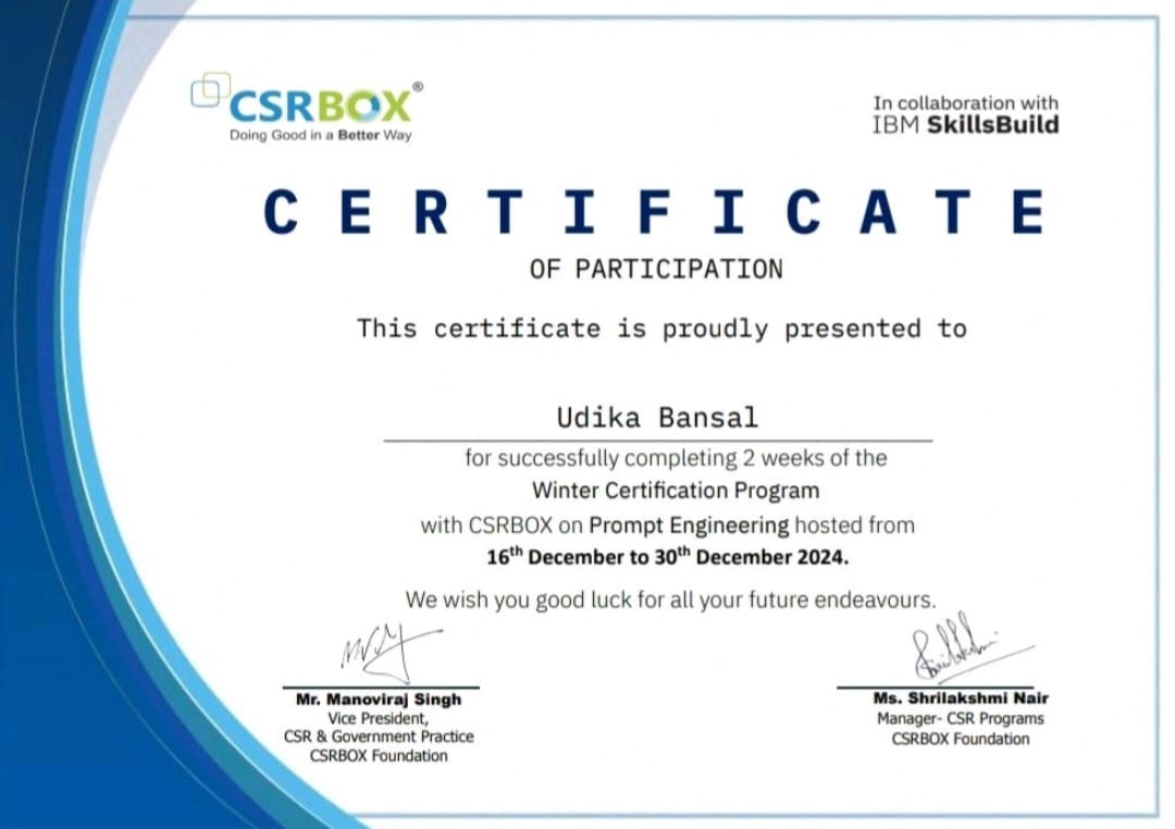 Internship certificate on Prompt Engineering